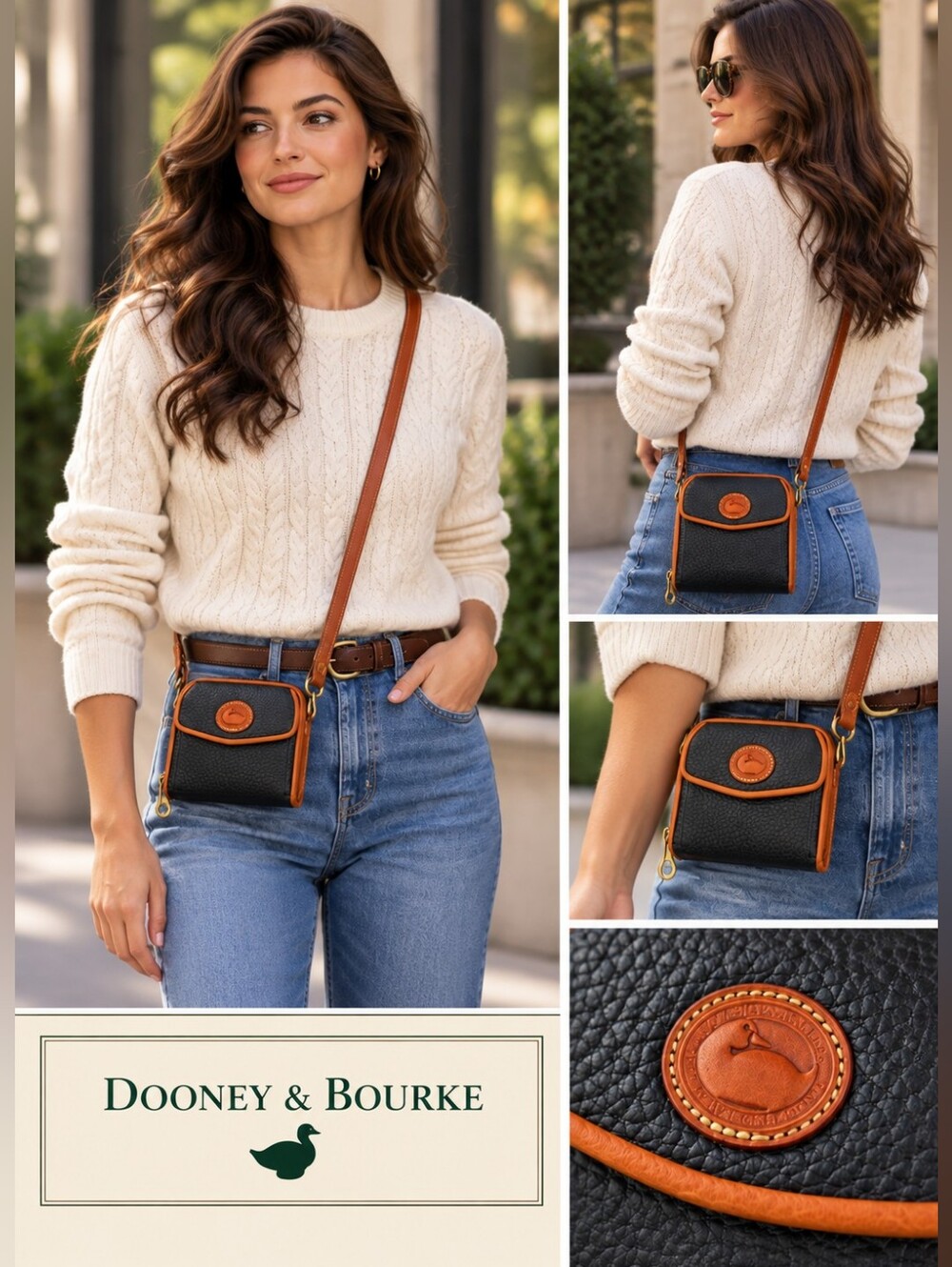 Vintage Dooney & Bourke Black Pebbled Leather Crossbody Bag with Tan Trim